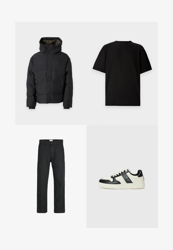 Fekete puffdzseki magas nyakkal, dupla cipzárral, oldalsó zsebekkel és kapucnival. Simább külső és bélelt belső jellemzi.; Fekete, rövid ujjú póló bordázott anyagból. Kerek nyakú, laza szabású, sima tapintású. Csak hátulról látható.; Fekete nadrág tartós anyagból, egyenes szárú kialakítással, varrott díszítésekkel és két elülső zsebbel a funkciók érdekében.; Fekete és krém színű bőrsneaker, perforált díszítésekkel, párnázott bokapánttal és texturált talppal.