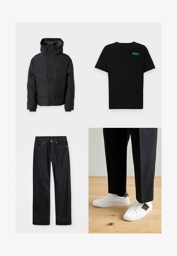 Must mustan jope kõrge kaelusega, kahe tõmblukuga, küljetaskutega ja kapuutsiga. Omab siledat välispinda ja vooderdatud sisepinda.; Must t-särk, mis on valmistatud puuvillast, lühikeste varrukatega. Esipaneelil on roheline "ROOTS" logo, ümmargune kaelus ja tavapärane lõige.; Meeste sirge jala mustad denim teksad viie taskuga, oranž õmblus, nupu ja tõmblukuga ees nagu vöökoht.; Valged sneakersid siledat tekstuurist, millel on pruunad nahast detailid ja mustad aksessuaarid, millele on sobitatud mustad kohandatud püksid. Puitpõranda taust.
