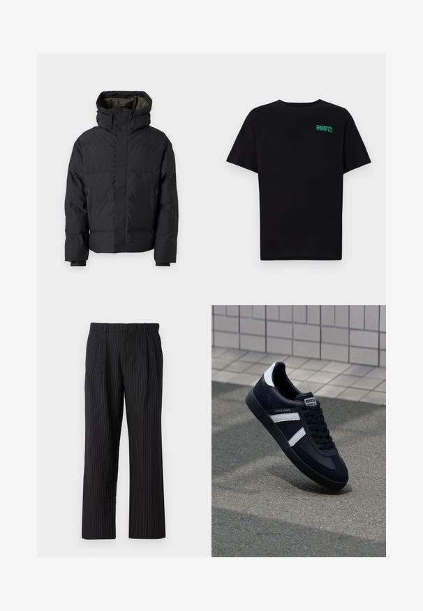 Svart puffjacka med hög krage, dubbla dragkedjor, sidofickor och huva. Har en slät utsida och foder inuti.; Svart t-shirt i bomull med korta ärmar. Har en grön "ROOTS" logotyp på framsidan, rund halsringning och standard passform.; Jack & Jones JPSTBILL JJDAYTONA WIDE - Tygbyxor - black; Svart lädersneaker med vita ränder, texturerad gummisul, och snörning fram. Har en märkesskylt på tungan.