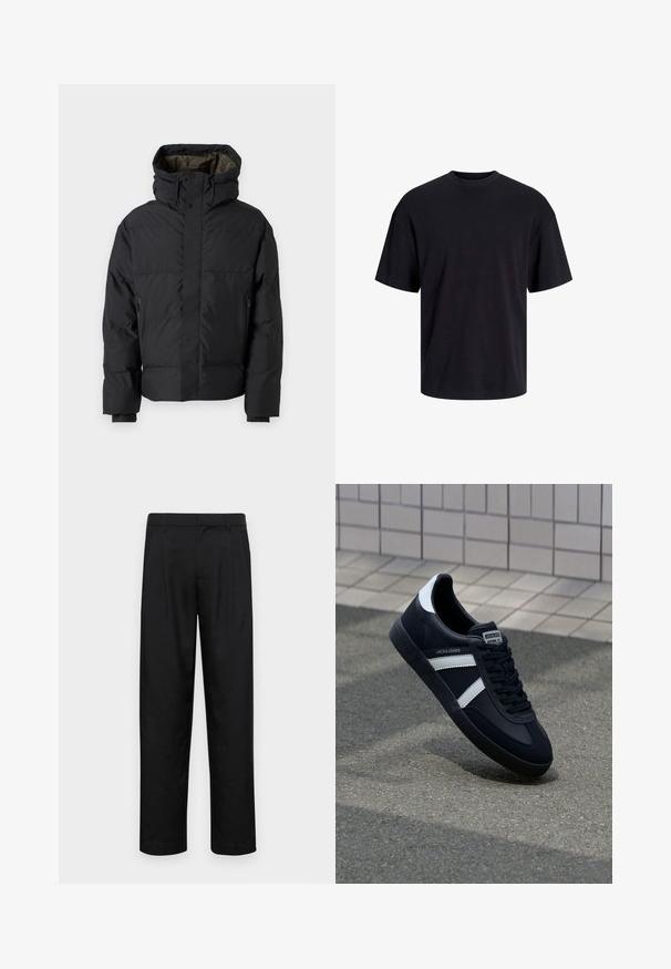 Svart puffjakke med høy krage, doble glidelåser, sidelommer og hette. Har en jevn overflate og foret innside.; Svart bomull t-skjorte med rund hals, korte ermer og en avslappet passform. Glatt tekstur uten synlige mønstre eller detaljer.; Sorte bukser laget av glatt stoff, med rette ben, to frontfoldninger og standard liv med beltehemper.; Sorte lærersneaker med hvite striper, teksturert gummihæl og snøring foran. Har et merketikett på tungen.