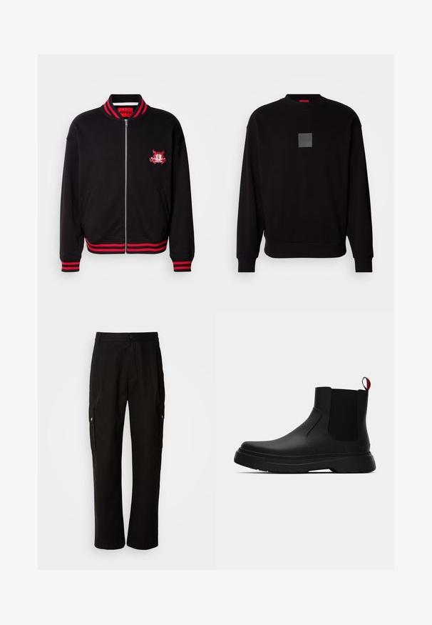 Zwarte bomberjack met rode ribbelkraag en -manchetten. Voorzien van een ritssluiting aan de voorkant en geborduurd logo-detail op de borst. Gemaakt van een katoenmix.; Zwarte sweatshirt met lange mouwen, ronde halslijn, een grijzige vierkante logo op de voorkant, zachte textuur en geribde manchetten en zoom.; Zwarte cargobroek van katoen met een relaxte pasvorm, voorzien van zijzakken, een knoopsluiting en rechte pijpen. Eenvoudig ontwerp zonder patronen.; Zwarte enkelboot met een gladde afwerking, elastische zijpanelen en een contrasterende rode treklus, met een dikke rubberen zool en een afgeronde teen.