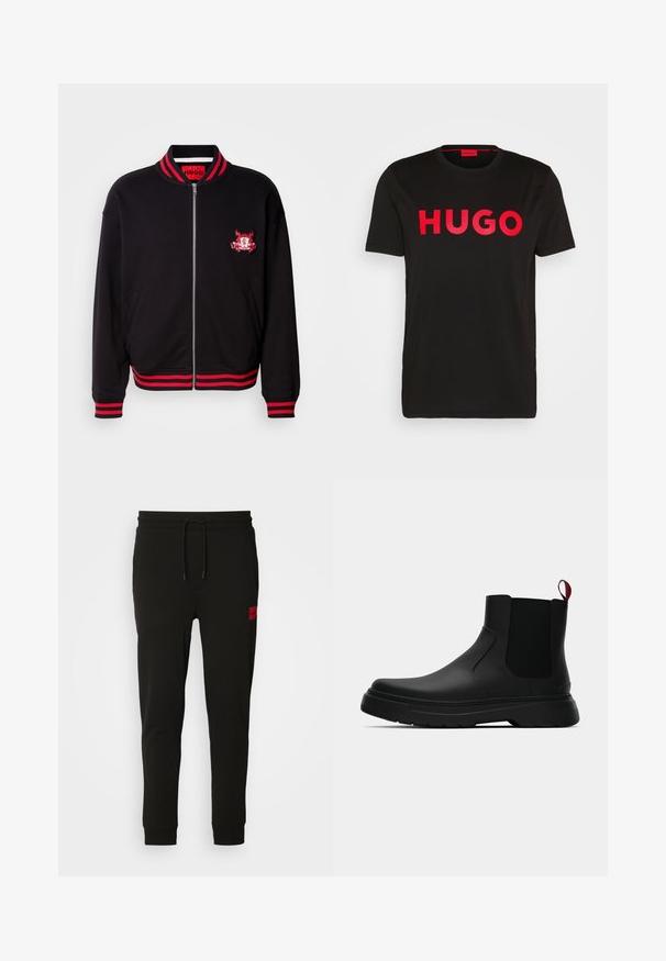 Čierna bomber bunda s červeným žebrovaným golierom a manžetami. Má predný zips a vyšívané logo na hrudi. Materiál z bavlny.; Čierne bavlnené tričko s výrazným červeným nápisom "HUGO" na prednej strane, krátke rukávy, okrúhly výstrih a voľný strih.; Čierne tepláky vyrobené z mäkkého materiálu, s nastaviteľným pásom, slim fit strihom a červeným logom na ľavom stehne.; Čierne členkové topánky s hladkým povrchom, elastickými bočnými panelmi a kontrastným červeným poutkom, vybavené hrubou gumovou podrážkou a zaoblenou špičkou.