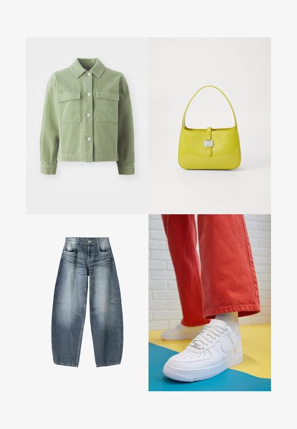 Zeleni traper jakna s ovratnikom, dva džepa na prsima, srebrnim gumbima i izvezenim detaljem na lijevom džepu.; Bijela majica kratkih rukava izrađena od mekanog materijala. Ima okrugli izrez i jednostavan, čist dizajn s ravnim rubom.; Široke traperice od svijetloplavog denima s izblijedjelim dijelovima, s dizajnom od pet džepova, zakopčavanjem na dugme i minimalnim detaljima šavova.; Bijele kožne tenisice s perforiranim prednjim dijelom, teksturiranim đonom i bijelim vezicama, u kombinaciji s širokim crvenim hlačama i plavo-žutom pozadinom.; Žuta patentirana kožna torbica s strukturiranim oblikom, gornjom drškom i prednjim zakretnim zatvaračem s kružnim metalnim logotipom.
