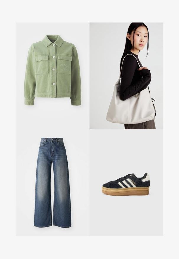 Casaco de ganga verde com gola, dois bolsos no peito, botões prateados e um detalhe bordado no bolso esquerdo.; T-shirt branca de manga curta feita de algodão, com um pequeno gráfico dourado de montanha no peito e um corte solto e boxy.; Jeans de cintura alta, largos e largos de cor azul, com botão frontal e bolsos, textura desbotada nas coxas e bainha reta.; Sapatilhas pretas com pelo, com riscas brancas e letras douradas, apresentando uma sola grossa de borracha e um acabamento texturado. Acentuadas com um detalhe peludo na parte de trás.; Uma bolsa bege feita de material macio, com um design descontraído, detalhes de costura e duas alças para o ombro. Adequada para uso diário.