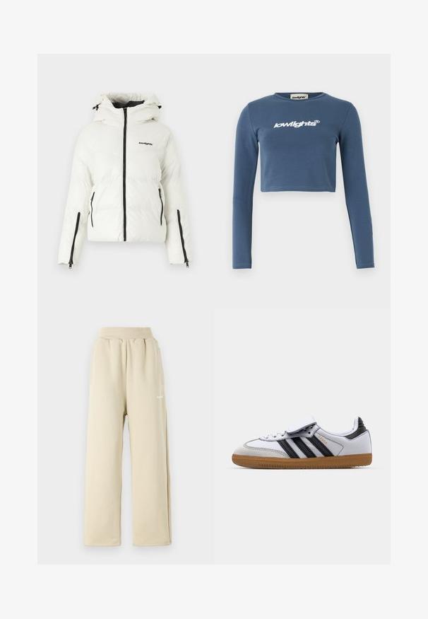 Balta pūkinė striukė su kapišonu, kuri turi juodą užtrauktuką, dvi šonines kišenes ir logotipą krūtinėje; lygi tekstūra ir šiltas dizainas.; Mėlyna patrumpinta ilgomis rankovėmis marškiniai, pagaminti iš minkštos medvilnės, su balta išsiuvinėta "lowlights" logotipu priekyje. Lygus paviršius, raukšlėta apykaklė.; Šviesiai rudos spalvos plačių kojų sportiniai džinsai, pagaminti iš minkštos medžiagos, su elastingu juosmeniu, šoninėmis kišenėmis ir mažais siuvinėjimais.; Balti odiniai sportbačiai su juodomis juostelėmis ir pilkais akcentais, suapvalinta nosimi ir guminėmis išorinėmis dalimis. Velcro užsegimas ir raištelių užsegimas.