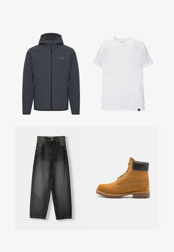 Kapucnis dzseki sötétszürke színben, sima, időjárásálló anyagból készült. Elöl cipzáros, oldalsó zsebekkel rendelkezik, és egy minimalista logós részlet díszíti.; Fehér, izmos szabású póló, tiszta pamutból készült. Kerek nyak, rövid ujjú, sima tapintású. Kis fekete logó címke az alsó szegélyen. Egyszerű dizájn.; Sötét farmer színű, széles szárú nadrág magas derékkal, öt zsebbel, kontrasztos arany varrással és gombos záródással. Síma elülső rész és egyenes szár.; Barna velúr bokacipő fekete párnázott gallérral, arany fém fűzőlyukakkal, fehér varrási részletekkel és durva gumitalppal, amelynek kifejezett barázdái vannak.