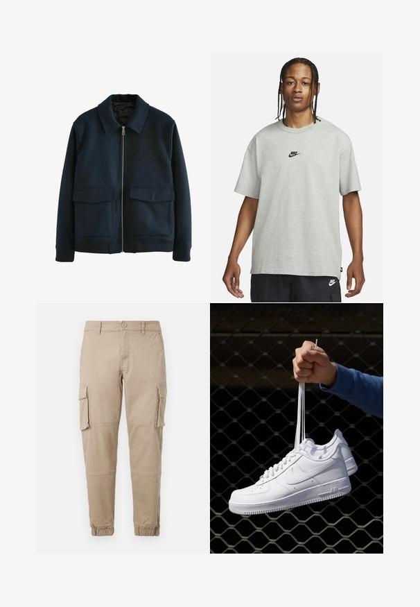 Marinblå dragkedjetröja med platt krage, två fickor med lock fram, ribbade ärmslut och midja. Tillverkad av en strukturerad ullblandning.; Ung person med flätat hår iklädd en ljusgrå Nike T-shirt och svarta Nike-shorts framför en enkel vit bakgrund.; Beiga cargobyxor i ett lätt bomullsmaterial. Har elastiska mudd, flera sidofickor och en knappstängning.; Vita lädersneakers med perforeringar, rund tå, platt sula och tjocka snörning, med en synlig swoosh-logga och "AIR" på hälen.