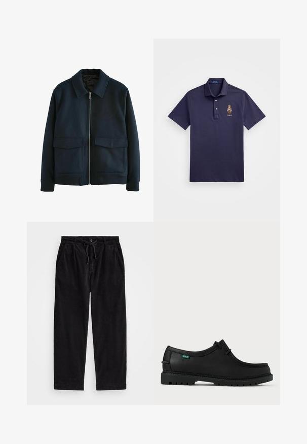 Námorní zipová bunda s plochým límcem, dvěma předními našitými kapsami, žebrovanými manžetami a pasem. Vyrobeno z texturované směsi vlny.; Polo Ralph Lauren CUSTOM SLIM POLO BEAR MESH POLO SHIRT - Polotričko - faded blue bear; Černé kordové kalhoty s volným střihem, vybavené elastickým pasem se šňůrkou a bočními kapsami. Tkanina má jemně rýhovanou strukturu.; Černá kožená bota s nízkým profilem, kulatou špičkou a texturovanou podrážkou. Obsahuje zelenou etiketu "POLO" a kontrastní prošívání podél okraje.