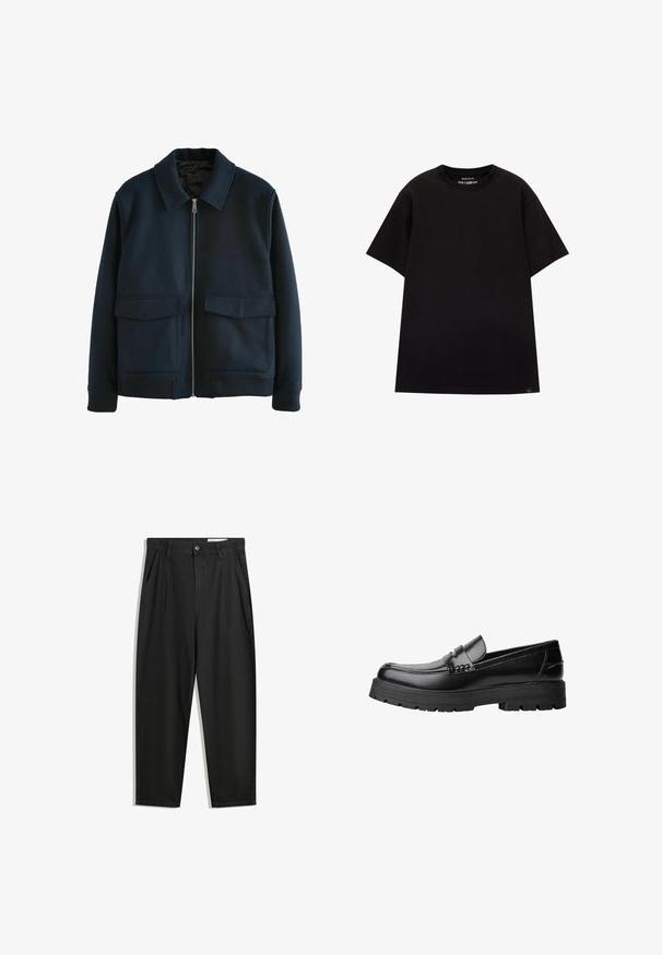 Veste zippée bleu marine avec un col plat, deux poches avant à rabat, des poignets côtelés et une taille côtelée. Fabriquée en tissu en laine texturé.; PULL&BEAR JOIN LIFE - T-shirt basique - black; Pantalon en coton noir avec une coupe décontractée, dotés d'une taille classique, de plis à l'avant et de poches latérales. Texture lisse sans motifs.; Mocassin en cuir noir avec semelle épaisse à motifs et une sangle décorative sur le dessus, présenté en profil sur le côté gauche sur fond blanc.