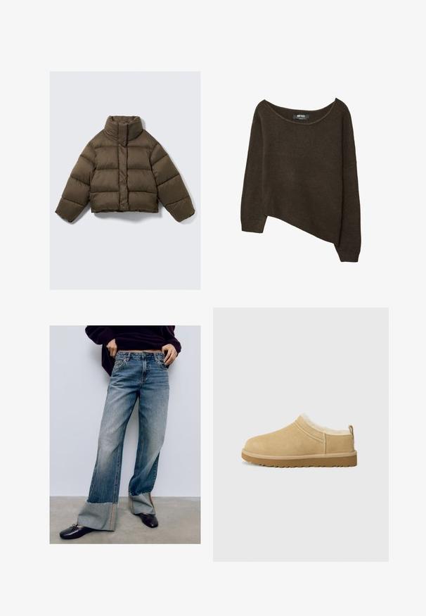 Brown puffer jacket with a high collar, cropped design, quilted texture, and concealed front closure. Features dropped shoulders.; Brown, loose-knit sweater with an asymmetrical hem and wide neckline. Soft texture with ribbed cuffs and a label on the inside neckline.; Light blue denim wide-leg jeans with frayed hems, featuring contrasting stitching and a relaxed fit. Paired with dark flat shoes.; Suede slip-on shoe in light tan, featuring a soft fur lining and textured rubber sole with a slight heel and back pull tab for easy wear.