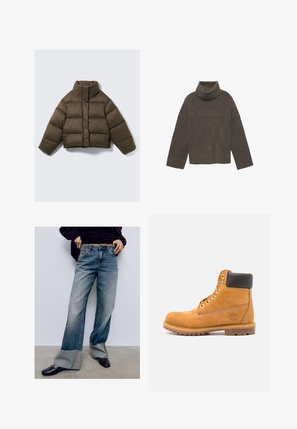 Brown puffer jacket with a high collar, cropped design, quilted texture, and concealed front closure. Features dropped shoulders.; Brown turtleneck sweater made of soft fabric, featuring a ribbed collar, wide sleeves, and a cropped design. Smooth texture with no patterns.; Light blue denim wide-leg jeans with frayed hems, featuring contrasting stitching and a relaxed fit. Paired with dark flat shoes.; Brown leather ankle boot with black padding, gold eyelets, and a textured sole. Features a circular logo on the side and stitching accents.