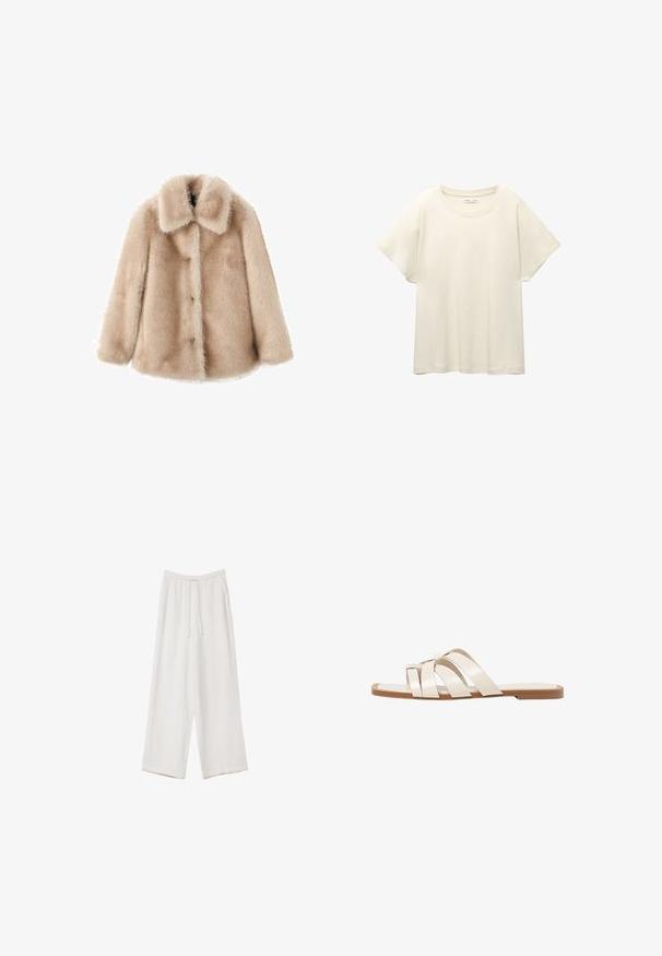 Nepprofijnen jas in zacht beige met een fluffy textuur, brede kraag en sluiting met vier knopen aan de voorkant. Bevat lange mouwen en heeft geen zichtbare patronen.; Lichtbeige t-shirt met korte mouwen en een ronde halslijn, gemaakt van zachte, gladde stof. Heeft een ontspannen pasvorm en een rechte zoom.; Witte wijde broek gemaakt van een lichte stof. Voorzien van een elastische tailleband met een trekkoord en zijzakken. Zachte textuur.; Vlakke sandalen met een tan rubberen zool, ontworpen met drie overlappende witte leren banden en een kleine strikdetail in het midden.