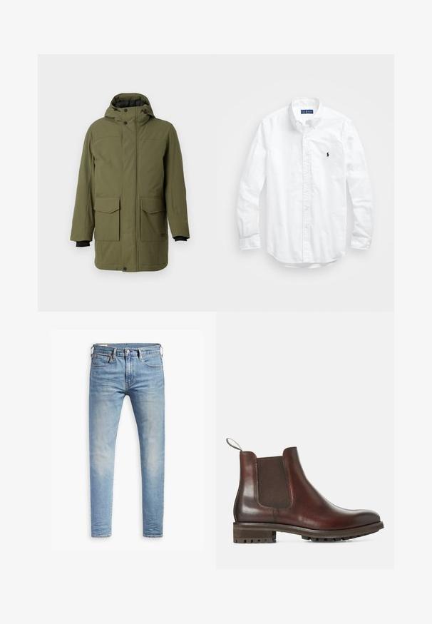 Parka verde oliva con cappuccio, dotata di due tasche a toppa frontali, vestibilità dritta e polsini elasticizzati neri. Realizzata in tessuto testurizzato e resistente.; Camicia bianca a maniche lunghe con bottoni in cotone. Presenta un colletto classico, polsini a bottone e un piccolo logo ricamato in blu navy sul petto.; Jeans slim fit blu chiaro con leggere sfumature sulle cosce, chiusura con bottone anteriore, passanti per cintura e cinque tasche su uno sfondo bianco.; Stivaletti Chelsea in pelle marrone con pannelli elastici laterali, linguetta e suola in gomma testurizzata. Finitura liscia con tacco basso resistente.