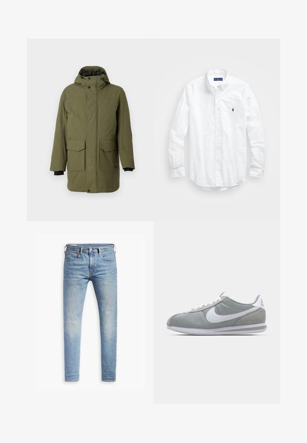 Parka verde azeitona com capuz, apresentando dois bolsos frontais de flap, um corte reto e punhos elásticos pretos. Feita de tecido texturizado e durável.; Camisa de botões de manga longa branca em algodão. Apresenta um colarinho clássico, punhos com botão e um pequeno logótipo bordado em azul-marinho no peito.; Jeans slim fit em azul claro com leve desbotamento nas coxas, fecho frontal por botão, passantes para cinto e estilo de cinco bolsos sobre um fundo branco.; Sapatilha atlética cinza com um cabedal em camurça e têxtil, símbolo Nike branco e atacadores brancos. Apresenta uma sola de borracha texturizada e colarinho acolchoado.