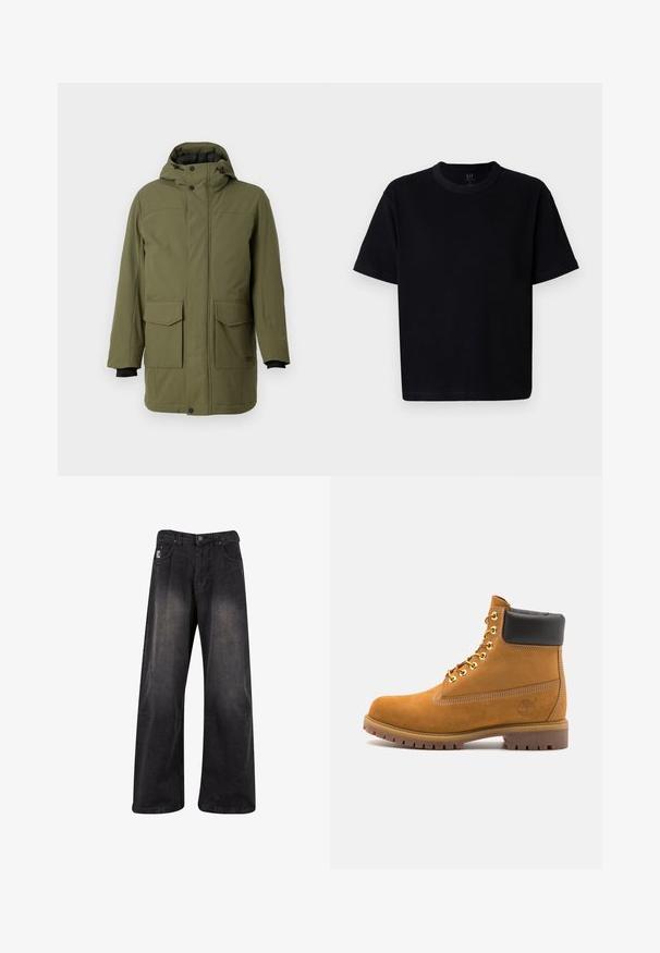 Olijfgroene parka met een capuchon, voorzien van twee voorzakken, een rechte snit en zwarte elastische manchetten. Gemaakt van gestructureerde, duurzame stof.; Zwarte katoenen T-shirt met een ronde halslijn, korte mouwen en een rechte snit. Kenmerkt zich door minimale stiksels en een zachte, gladde textuur.; Zwarte wijde denim broek met een vervaagde afwerking, uitgerust met een knoopsluiting, vijf zakken en een merkpatch aan de linkervoorzijde.; Tan suède enkelboot met zwart gevoerd kraagje, gouden metalen oogjes, witte stikdetails en een robuuste rubberen zool met uitgesproken profiel.