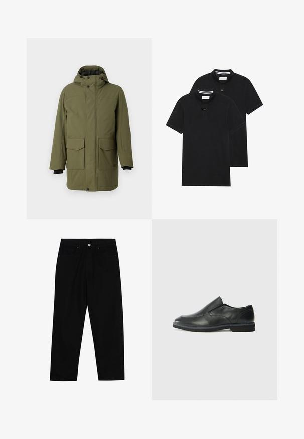 Olivengrønn parkas med hette, med to frontlommer, rett snitt og svarte elastiske mansjetter. Laget av teksturert, slitesterkt stoff.; To svarte polo skjorter, kortermet, i bomullsmateriale, med krage i klassisk stil, to-knapps knappestolpe, og hvite striper inni kragen.; Sorte denimbukser med rett benklipp, fem-lomme design og frontknappåpning. Jevn tekstur med minimale sømdetaljer.; Sorte skinn slip-on sko med en jevn overflate, stikking detaljer, rund tå og en lav gummihæl. Sålen har minimal mønstring.
