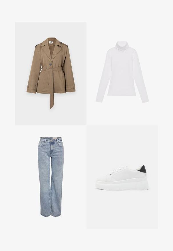 Brown belted jacket with a notched collar, button closure, and long sleeves. Made of a smooth, lightweight material. Suitable for layering.; White long-sleeve turtleneck top made of smooth, stretchy fabric. Features a high collar and fitted design, with no visible patterns or embellishments.; Light blue wide-leg jeans made from denim, featuring a high waist, five-pocket design, and subtle fading for a worn-in look.; White platform sneakers made of smooth synthetic material, featuring a rounded toe, lace-up design, and a textured rubber sole. Black heel accent.