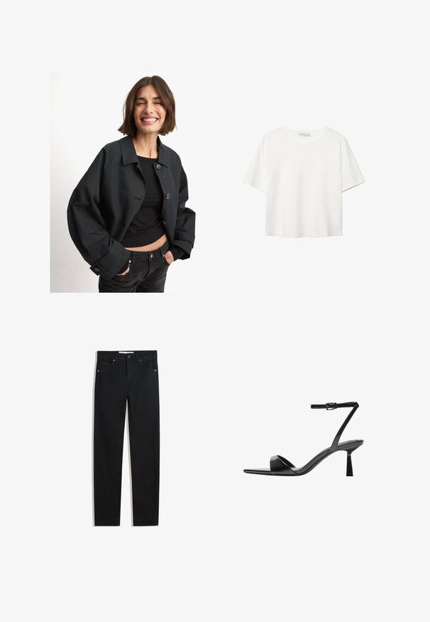 Črna skrajšana jakna s ovratnikom, prevelik fit, dvema gumboma in stranskima žepoma, v kombinaciji s črnim zgornjim delom in temno jeansom.; Bela kratka majica s kratkimi rokavi iz bombaža. Ima okroglo izrezovanje in sproščen kroj. Gladka tekstura brez vidnih vzorcev ali poudarkov.; Črne jeans hlače s ravnim krojem, petimi žepi, kovinskim gumbom za zapiranje in subtilnimi šiviljskimi podrobnostmi. Gladka tekstura.; Bershka Sandali z visoko peto - black