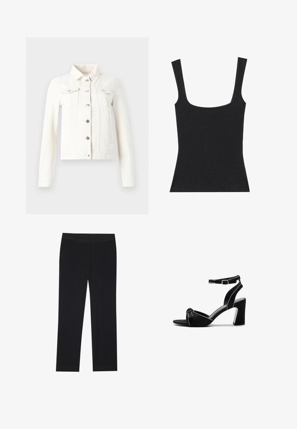 White denim jacket with long sleeves, a pointed collar, silver hardware buttons, and two chest pockets. Features a fitted silhouette and flat seams.; Black ribbed tank top with a square neckline and slim, adjustable straps. The fabric features a textured pattern and a fitted design.; Black trousers with a straight leg design, featuring side pockets and a smooth fabric texture. Minimal detailing, clean waistband.; Black suede heeled sandals with a wide block heel, adjustable ankle strap, open toe design, and contrasting stitched detailing.
