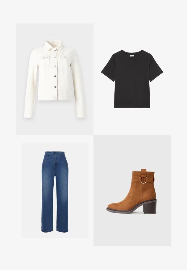 Valkoinen denim-takki, jossa on pitkät hihat, terävä kaulus, hopeiset metallinapit ja kaksi rintataskua. Ominaisuuksiin kuuluu istuva siluetti ja litteät saumat.; Musta t-paita, joka on valmistettu pehmeästä kankaasta ja jossa on pyöreä kaula-aukko sekä lyhyet hihat. Suunnittelu on yksinkertainen ilman näkyviä kuvioita tai korostuksia.; Korkeavyötäröiset farkut keskilevyisessä sinisessä sävyssä. Varustettu etusolmukkeilla ja leveälahkeisella muotoilulla. Kangas on sileä, ja siinä on hieno haalistuminen.; Ruske rantasaappaat, joissa on pyöreä varvas, vahva korko ja koristeellinen hihna, jossa on pyöreä solkiyksityiskohta.