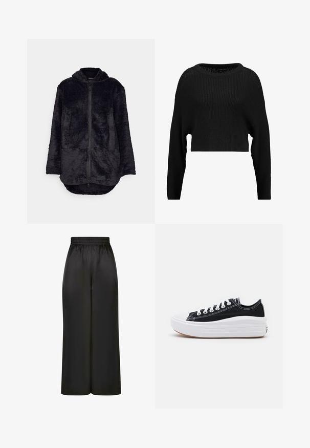 Chaqueta de forro polar negra con cierre frontal, capucha y dos bolsillos frontales. Presenta una superficie suave y texturizada y un dobladillo trasero alargado.; Suéter de punto negro recortado con un corte holgado, escote amplio y mangas largas, que presenta un patrón de canalé texturizado en toda su superficie.; Pantalones negros de pierna ancha hechos de una tela suave y brillante, con una cinturilla elástica y sin bolsillos visibles ni detalles de metal.; Zapatillas de lona negras con cordones blancos, puntera de goma blanca y una suela blanca gruesa. Presenta costuras blancas sutiles y una suela de goma.
