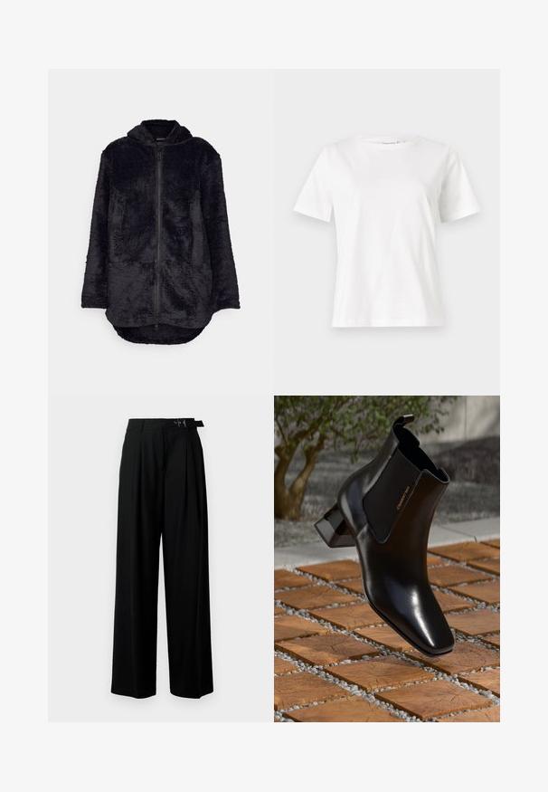 Svart fleecejakke med glidelås foran, hette og to frontlommer. Har en myk, teksturert overflate og en forlenget bakhem.; Hvit bomull t-skjorte med korte ermer, rund hals og avslappet passform. Glatt tekstur, ingen mønstre eller detaljer, minimalistisk design.; Svarte vide bukser med høy livlinje, folder foran og belte med spenne. Laget av glatt, lett materiale.; Skinne svarte skinn ankelstøvler med blokkhel, elastiske sidelapper og dragløkke, svevende over trefliser og småstein utendørs.