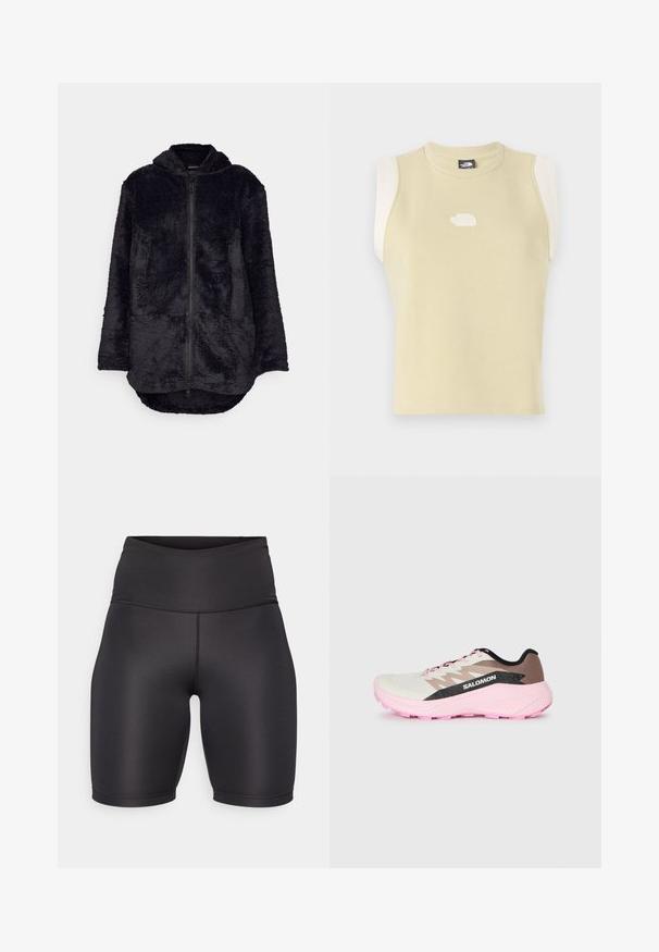Svart fleecejakke med glidelås foran, hette og to frontlommer. Har en myk, teksturert overflate og en forlenget bakhem.; Ermeløs topp i pastellgul bomull med rund hals. Har kontrasterende kremfargede skulderpaneler og en teksturert logo på brystet.; Svart trening shorts med høy midje, laget av glatt, elastisk stoff. Har en sømløs design og knelengde.; Lettvekts løpesko i hvit, brun og rosa. Har en pustende overdel, teksturerte grå detaljer, og en rosa gummisåle.