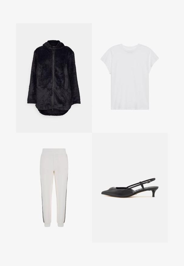 Čierna fleecová bunda so zipsom vpredu, kapucňou a dvoma prednými vreckami. Má mäkký, štruktúrovaný povrch a predĺžený zadný lem.; Biela krátka rukávová tričko s okrúhlym výstrihom, voľný strih, vyrobené z jemnej bavlnenej látky. Hladká textúra, bez vzorov alebo log.; Biele jogger nohavice vyrobené z mäkkej látky, s rebrovaným pásom a čiernymi bočnými pruhmi s detailom loga vpredu.; Čierne slingback topánky s ostrou špičkou, vyrobené z hladkého materiálu, so malým podpätkom a dekoratívnym strieborným akcentom na priehlavku.