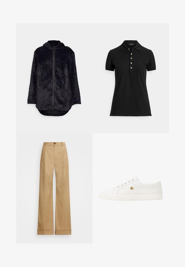 Sort fleecejakke med lynlås foran, hætte og to forlommer. Har en blød, tekstureret overflade og en forlænget rygslør.; Sort poloshirt lavet af struktureret stof med krave, korte ærmer og en slids med guldknapper. Diskret logodetalje på brystet.; Beige bredde benbukser med knaplukning, der har en glat tekstur og pressede folder. Krummede nederkanter for ekstra detaljer.; Lauren Ralph Lauren JANSON II CANVAS SNEAKER - Sneakers - optic white