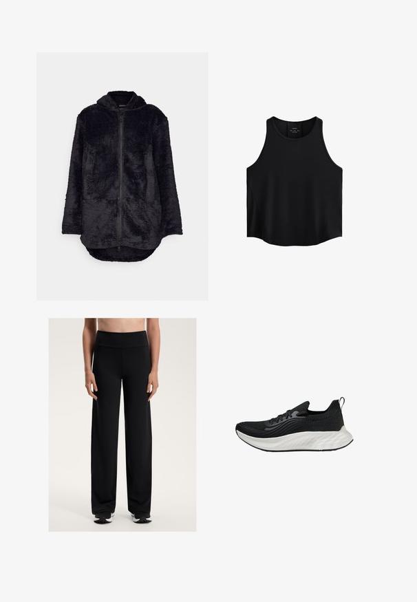 Jachetă din fleece neagră, cu fermoar frontal, glugă și două buzunare frontale. Prezintă o suprafață moale, texturată și un tiv posterior prelungit.; Top negru fără mâneci, realizat dintr-un material neted, cu un decolteu rotund, croială dreaptă și panouri laterale cu o textură discretă.; Pantaloni atletici negri, cu picioare largi și talie înaltă. Fabricati dintr-un material neted și elastic, cu o croială lejeră și o textură subtilă.; Pantofii sport negri au un superior texturat, o talpă albă căptușită și branding subtil. Dispun de un tab de tragere și închidere cu șiret.