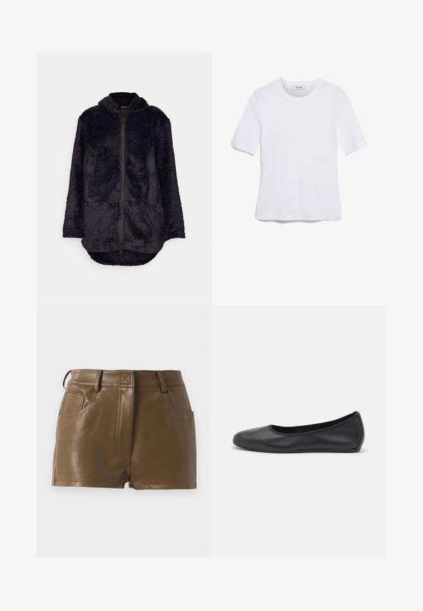 Sort fleecejakke med lynlås foran, hætte og to forlommer. Har en blød, tekstureret overflade og en forlænget rygslør.; Hvid kortærmet t-shirt lavet af ribbet stof. Rund halsudskæring, almindelig pasform og subtile syninger. Ingen mønstre eller grafik.; Brune imitation lædershorts med et tætsiddende design, talje med bæltestropper, forlommer og synlige sømdetaljer.; Sort læderballetsko med rund tå, glat tekstur, minimal syning og et fleksibelt såldesign.
