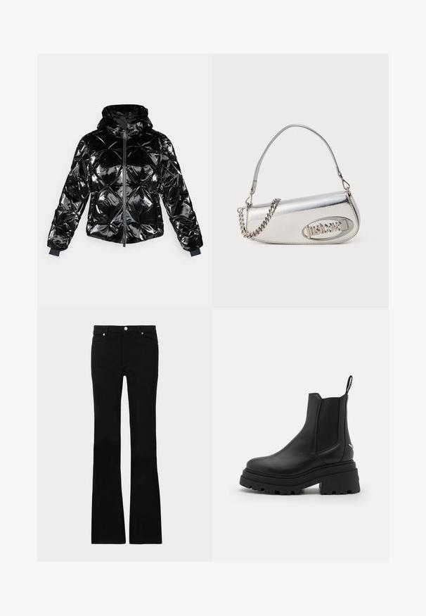 Czarna kurtka puchowa o błyszczącej, pikowanej powierzchni, z kapturem, zamkiem błyskawicznym z przodu i elastycznymi mankietami. Charakteryzuje się geometrycznymi wzorami szwów.; Długi rękaw, top w mieszance niebieskich, brązowych i kremowych abstrakcyjnych wzorów. Miękka tkanina o dopasowanym kroju i wysokim dekolcie.; Czarne dzwony z denimu, z dwoma przednimi kieszeniami, zapięciem na guzik i gładką fakturą. Widoczne charakterystyczne szycie na szwach.; Czarne botki Chelsea wykonane z gładkiej skóry, z elastycznymi panelami po bokach, grubą, karbowaną podeszwą gumową oraz pępulką z tyłu.; Srebrna metaliczna torebka o zaokrąglonym trójkątnym kształcie, z logo, łańcuszkowym paskiem i gładką teksturą. Zamek błyskawiczny z boku.
