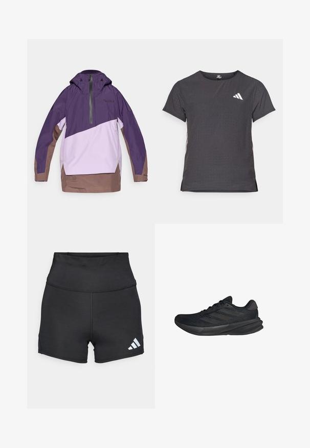 Purple and light lavender windbreaker with a half-zip, adjustable hood, and a brown hem. Features geometric color blocking and logo detail.; Short-sleeve athletic t-shirt, dark gray with perforated texture. Features a white logo and contrasting side stripes. Rounded neckline.; adidas Performance Leggings - black; Black athletic shoes with a mesh upper, streamlined shape, flat sole, and three diagonal stripes on the side. Lightweight design for comfort.