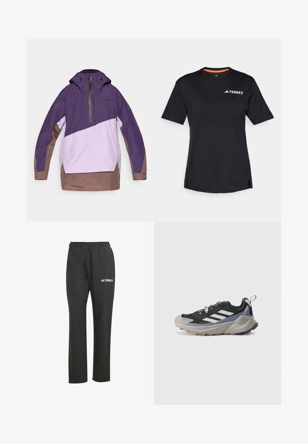 Fialová a svetlo fialová vetrovka s polovičným zipsom, nastaviteľnou kapucňou a hnedým lemom. Obsahuje geometrické farebné blokovanie a logovú detail.; Čierne tričko s krátkym rukávom a okrúhlym výstrihom, s jemnou melírovanou textúrou a bielym logom "TERREX" na hornej ľavej strane.; Čierne ľahké nohavice s elastickým pásom. Obsahujú jemné logo „TERREX“ v bielej farbe. Hladká tkanina a strih s rovnými nohavicami.; Čierna športová obuv s Gore-Tex vrchnou časťou, bielymi pruhmi, fialovými akcentmi, hrubou šedou medzipodrážkou a štruktúrovanou šedou podrážkou pre lepšiu priľnavosť.