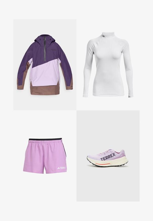 Lila und hell-lila Windbreaker mit halbem Reißverschluss, verstellbarem Kapuzen und braunem Saum. Besitzt geometrisches Farbblockdesign und Logodetail.; Langärmliges, weißes Sportshirt mit hohem Kragen, aus glattem, dehnbarem Stoff; verfügt über Raglanärmel und ein kleines schwarzes Logo.; Helllila Sportshorts mit einem elastischen schwarzen Bund, seitlichen Taschen und einem weißen "TERREX"-Logo auf der unteren linken Vorderseite.; Lila Lauf Schuh mit atmungsaktivem Mesh-Obermaterial, auffälligem "TERREX"-Logo, weißer Zwischensohle und schwarzem Gummiaußensohlenelement mit roten Akzenten.
