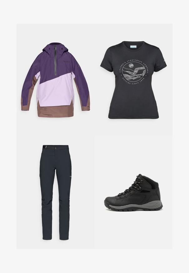 Lilla og lys lavendel vindtett jakke med halv glidelås, justerbar hette og brun kant. Har geometrisk fargeblokkering og logodetaljer.; Svart Columbia t-skjorte med hvit sirkulær fjell- og elvlinjekunst og tekst "Columbia Sportswear Company Outside Since 1938."; Herre utendørsbukser, mørkegrå, laget av fleksibelt materiale, med belte, glidelåslommer og forsterkede sømmer.; Sorte turstøvler med mid-topp design, som har en teksturert overdel, grå detaljer og slitesterk gummisåle med godt grep.