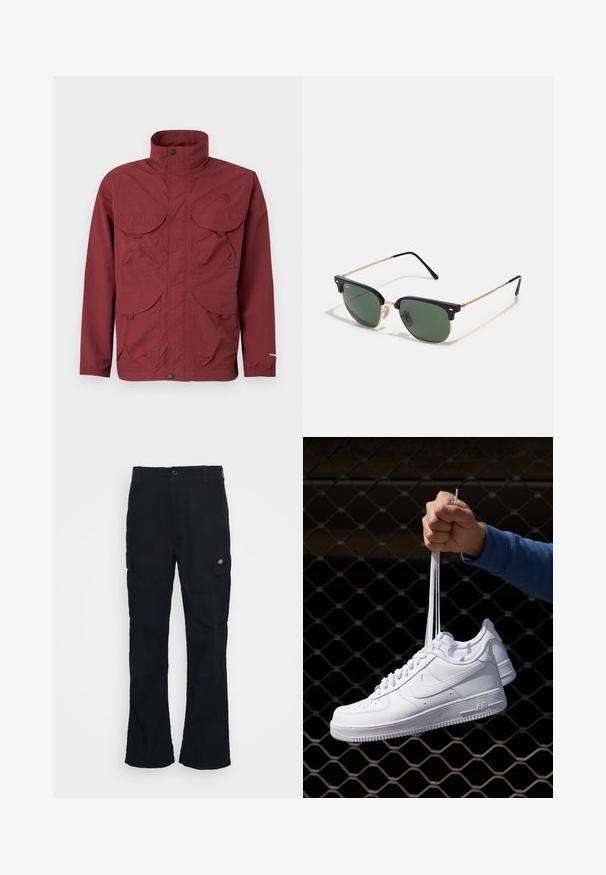 Burgunder utendørsjakke med to store klaftpokker, høy krage og elastiske mansjetter. Laget av slitesterkt stoff, minimalistisk design.; Svart høyhalset genser laget av et mykt strikkemateriale. Har lange ermer, ribbestrikket krage og hem. Enkel, elegant design uten mønstre.; Svarte cargo bukser med rett ben-design, laget av slitesterk stoff, med sidelommer og et patch-logo på venstre side.; Hvite skinnsneakers med perforeringer, rund tå, flat såle og tykke lisser, med en synlig swoosh-logo og "AIR" på hælen.; Solbriller med grønne linser, svart plast overramme, gullfargede metall detaljer, og slanke svarte stenger. Har et karakteristisk brodesign.