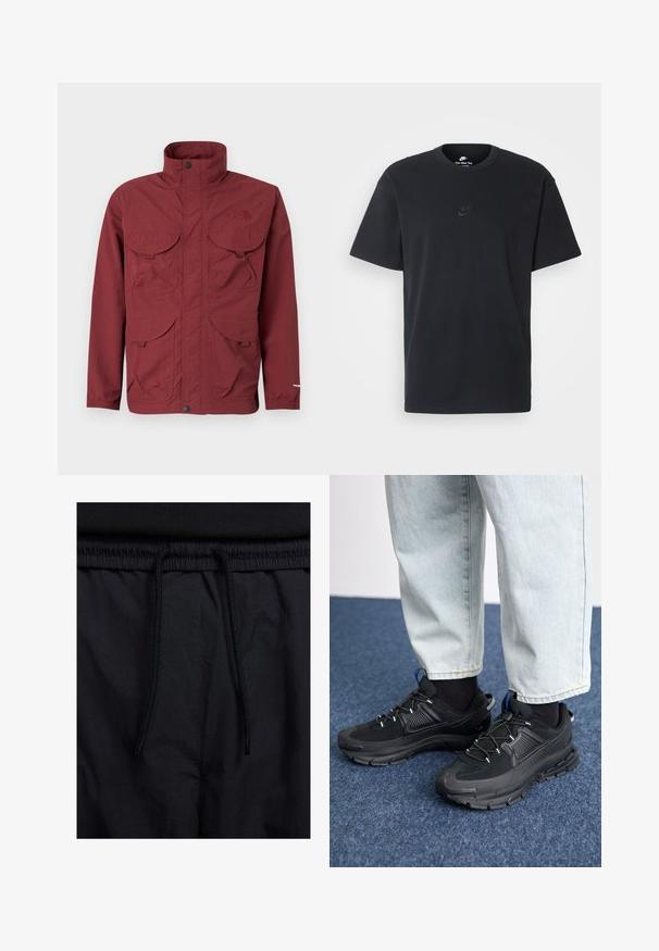 Jachetă de exterior burgundă, cu două buzunare mari cu clapetă, guler înalt și manșete elastice. Fabricată dintr-un material durabil, cu un design minimalist.; Tricou din bumbac negru Nike, cu guler rotund clasic, mâneci scurte și un logo subtil embosat pe piept. Textură netedă.; Șorturi negre cu un brâu reglabil, dintr-un material ușor cu o textură netedă și un design simplu, fără logo-uri sau modele vizibile.; Pantofi sport negri, cu țesătură texturată și tălpi din cauciuc, având șireturi elastice și un accent albastru pe toc. Purtați cu pantaloni din denim deschis.