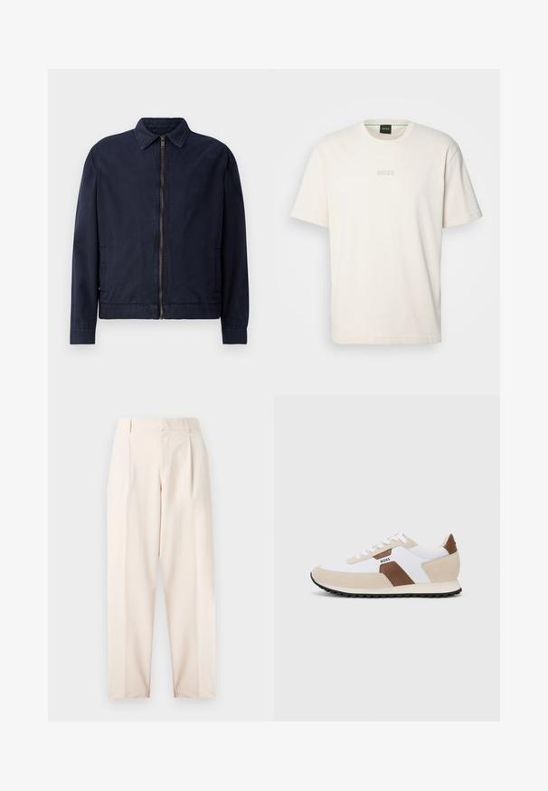 Kavna mornarsko modra jakna z klasičnim ovratnikom, sprednjim zadrgo, dvema stranskima žepoma in gladko, lahko teksturo tkanine.; BOSS TEE - Navadna majica - open white; Bež hlače z visoko pasom, nabranji in ravnim krojem. Narejene iz gladkega materiala s stranskimi žepi in čisto obdelavo.; Tenisice z mešanico belega mrežnega materiala in bež usnja, s poudarkom iz rjavega usnja. Okrogla konica, raven gumijast podplat in vezalni dizajn.
