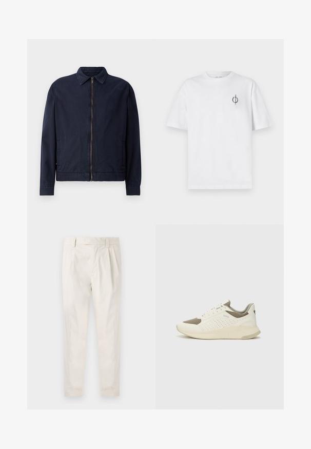 Kavna mornarsko modra jakna z klasičnim ovratnikom, sprednjim zadrgo, dvema stranskima žepoma in gladko, lahko teksturo tkanine.; Bela bombažna majica s sproščenim krojem, ki ima majhen črn grafični logotip na levem prsnem delu. Kratke rokave, okrogel izrez.; Bele, plisirane hlače s krojenim prileganjem, z gladko teksturo, z zankami za pas in ožjimi hlačnicami. Brez vidnih žepov ali vzorcev.; Beli in svetlo bež športni copat, s mrežastim zgornjim delom, perforiranimi detajli in teksturirano srednjim delom z blagovno znamko na peti.