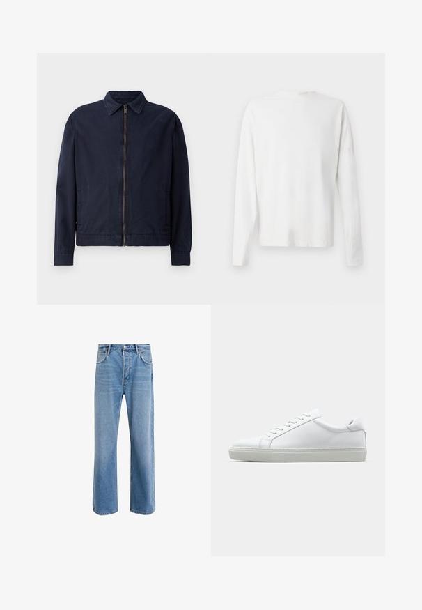 Marineblaues Jackett mit klassischem Kragen, Vorderreißverschluss, zwei Seitentaschen und einer glatten, leichten Stofftextur.; Langärmliges weißes Baumwollhemd mit rundem Ausschnitt, seitlichen Schlitzen am unteren Rand und glatter Textur, von hinten präsentiert.; Helle blaue Jeans im Geradeschnitt-Design, mit fünf Taschen, Knopfverschluss, minimaler Ausbleichung und kontrastierenden Nähdetails.; Weißer Sneaker mit glattem Lederobermaterial und niedrigem Profil. Verfügt über eine runde Zehenpartie, sechs Ösen und eine strukturierte Gummisohle.