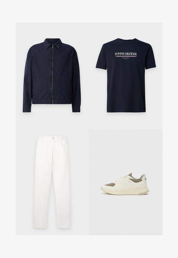 Tengerészsötétkék dzseki klasszikus gallérral, elöl cipzárral záródik, két oldalzsebbel és sima, könnyű textúrával.; Tengerészkék pamut póló, fehér logóval, piros részletekkel, amelyen az olvasható, hogy "TOMMY HILFIGER NEW YORK 1985", rövid ujjal és kerek nyakkivágással.; Fehér nadrág sima anyagból, egyenes lábbal, elülső pliszékkal és egy gombos záródással a derékon.; Fehér és világos bézs sportcipő, légies hálós felsőrésszel, perforált részletekkel és texturált középtalppal, amelyen a saroknál a márka logója található.