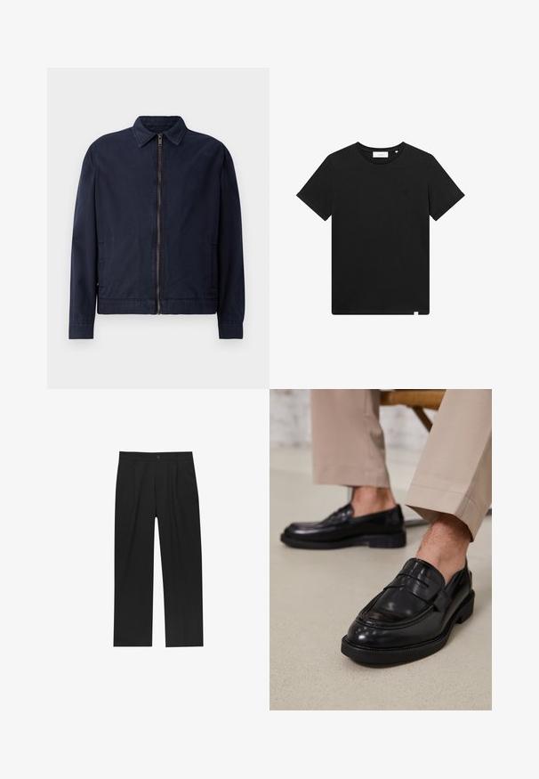 Marineblauwe jas met een klassieke kraag, een rits aan de voorkant, twee zijzakken en een gladde, lichtgewicht stofstructuur.; Zwarte T-shirt met korte mouwen van katoen, met een ronde hals en een klein logo geborduurd op de borst. Soepele textuur, normale pasvorm.; Zwarte broeken met een recht model, gemaakt van een gladde stof. Voorzien van een voorplooien en een enkele knoopsluiting bij de taille.; Zwarte leren loafers met een gladde afwerking, voorzien van een decoratieve band en contrasterende stiksels, gecombineerd met beige broeken.