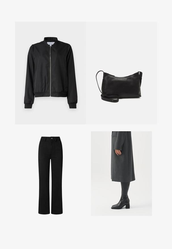 Jachetă bomber neagră cu fermoar în față, guler rotunjit, mâneci elastice și talie elastică. Confecționată dintr-un material neted, cu buzunare pe laterale.; Set de două bluze cu mâneci lungi, una albă și una neagră. Textură ribbată, decolteu rotund, design ajustat cu mâneci ușor evazate.; Pantaloni negri, cu talie înaltă, cu un design drept, fabricati dintr-un material de bumbac neted. Caracteristici: buzunare frontale și un închidere simplă cu nasture metalic.; Palton gri, croit cu un croi drept; asortat cu cizme din piele neagră, până la genunchi, cu vârf pătrat și toc chunky.; Geantă de umăr din piele neagră, cu o textură netedă, formă curbată, curea ajustabilă și închidere cu fermoar. Design minimalist, fără embellishments.