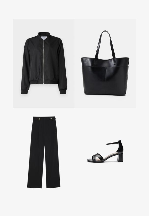 Melna bomber jaka ar rāvējslēdzēju priekšpusē, noapaļotu apkakli, elastīgām piedurknēm un jostu. Izgatavota no gludas auduma ar sānu kabatām.; Anna Field Apdrukāts T-krekls - black; Melnas platās bikses ar augstu jostasvietu, pogu detaļām uz jostas un priekšējām krokām.; Melnas atvērtās pirkstgala augstpapēžu čības ar krusteniskām siksnām, regulējamu potītes siksnu un masīlu papēdi, ar gludu ādas virsmu.; Melnas ādas iepirkumu soma ar divām garām rokturām, gludu tekstūru un strukturētu formu. Iekļauj priekšējo kabatu papildu uzglabāšanai.