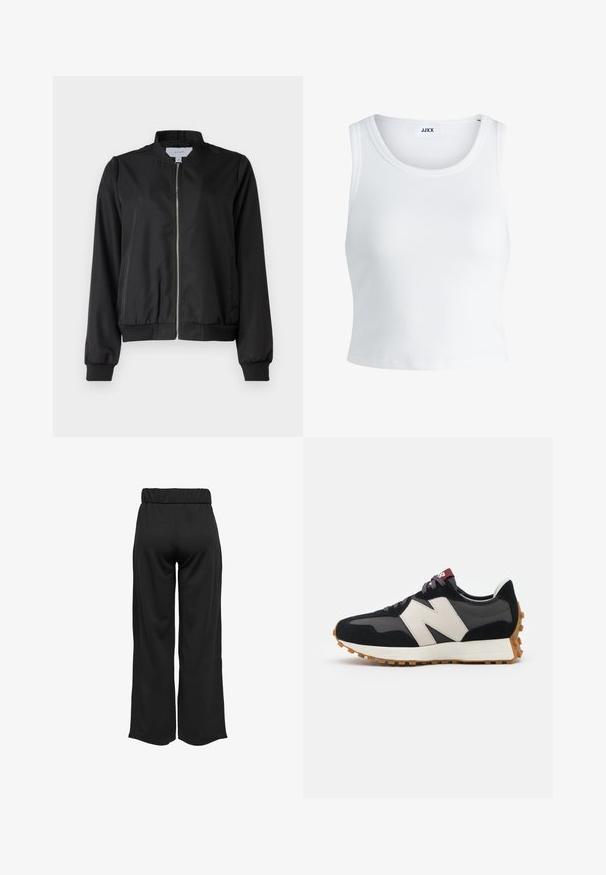 Svart bomberjakke med glidelås foran, rund krage, elastiske mansjetter og midjebånd. Laget av glatt stoff med sidelommer.; Hvit ribbestrikket tank topp med rund hals, uten ermer og croppe lengde. Merket leser "JJXX." Glatt stoff tekstur.; Svarte, vide bukser med elastisk midje, laget av glatt stoff. Har et rent design uten lommer eller synlige sømmer.; Sorte og grå sued sneakers med et stort cremefarvet "N" logo, lilla snørebånd og en tekstureret gummisål.