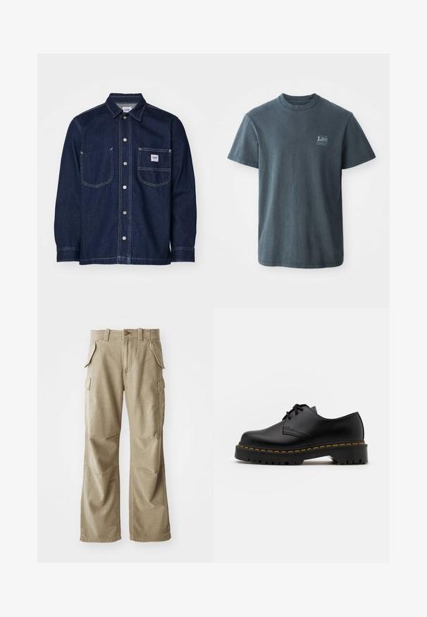 Camisa de ganga azul escura com colarinho pontiagudo, frente com botões, dois bolsos no peito e costura de contraste. Patch do logo Lee no bolso.; T-shirt de algodão cinza escuro com decote redondo, mangas curtas e um pequeno logótipo impresso no lado esquerdo. Corte clássico com bainha direta.; Calças cargo bege feitas de um tecido durável, apresentando um corte relaxado, múltiplos bolsos laterais e joelhos reforçados. Design frontal liso.; Sapato de pele preta com atacadores, bico arredondado, sola de borracha texturizada e costura amarela à volta da base. Design plano e acabamento liso.