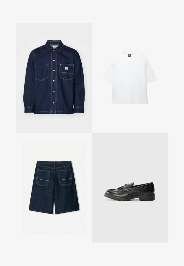 Tamno plava traper košulja s ishodištem oštrim ovratnikom, dugmadi sprijeda, dva džepa na prsima i kontrastnim šavovima. Lee oznaka na džepu.; Bijela majica kratkih rukava od pamuka, s okruglim izrezom i opuštenim krojem sa ravnim rubom. Bez uzoraka ili ukrasa.; Tamno plave traperice kratke hlače s opuštenim krojem, koje imaju dva stražnja džepa s kontrastnim šavovima. Ravni kroj i dizajn do koljena.; Crne kožne mokasine s zaobljenim vrhom, istaknutim šavovima i teksturiranom gumenom potplatom. Sadrži dekorativne pribore na gornjem dijelu.