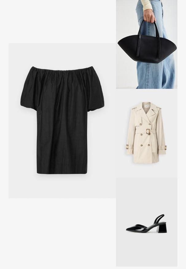 Manteau trench beige avec fermeture à double bouton, taille ceinturée, épaulettes et straps aux poignets. Tissu au toucher lisse.; Haut noir à épaules dénudées en tissu léger, avec un col froncé et des manches courtes et bouffantes. Design simple et sans ornements.; Escarpins en cuir verni noir avec bout pointu et talon bloc géométrique. Présente un design élégant et minimaliste ainsi qu'une texture lisse.; Sac à main en cuir noir avec une forme de éventail unique, doté de poignées plates. La surface présente une texture granuleuse et un design minimaliste.