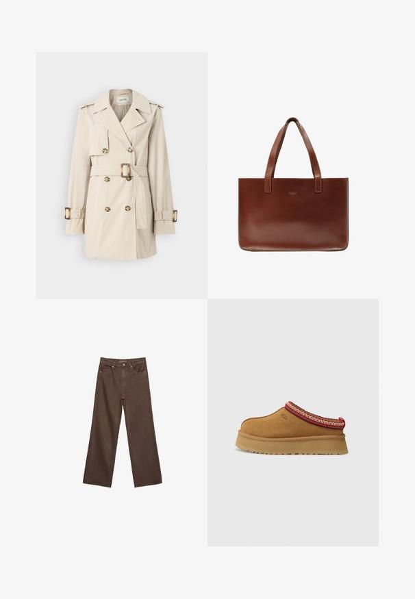 Beige-Trenchcoat mit doppelt geknöpftem Verschluss, tailliertem Gürtel, Schulterepauletten und Manschettenriemen. Glatte Stoffoberfläche.; Dunkelbrauner Pullover mit hohem Kragen, gerippten Bündchen und verkürztem Saum. Weiches Material mit einem lässigen Schnitt und subtilen Schulternähten.; Weite braune Jeans aus Denim, mit hoher Taille, Fronttaschen und klassischem Knopfverschluss. Glatte Textur mit feinen Nähten.; Braune Wildleder-Slipper mit rot-creamfarbenem gemusterten Besatz, strukturiertem Absatz und UGG-Logo an der Seite. Verfügt über eine leichte Plattformhöhe.; Braune Leder-Shoppertasche mit zwei flachen Griffen, rechteckiger Form, glatter Textur und dezentem, eingeprägtem Logo auf der Vorderseite.